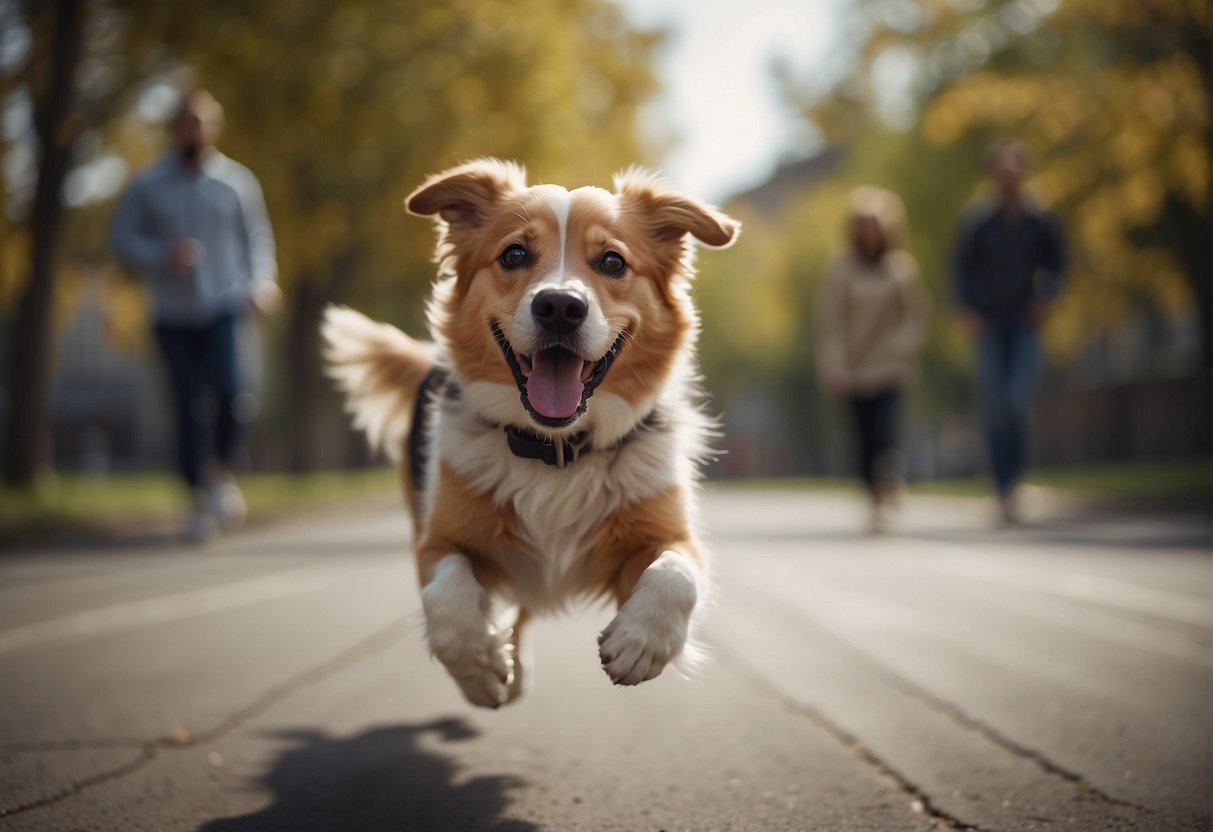 A dog running towards its owner with a joyful expression, while the owner is calling the dog's name with a happy tone