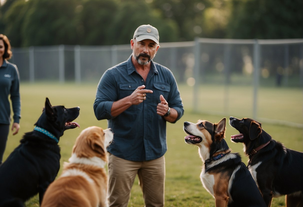 A dog trainer standing in a fenced area, using a whistle and hand signals to train a group of dogs to come when called