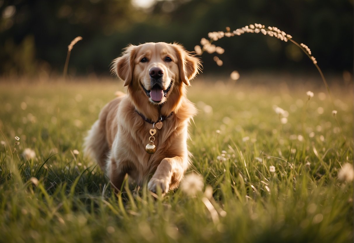 A golden retriever stands in a grassy field, eagerly awaiting its owner's command. A whistle hangs around the dog's neck, and a colorful array of toys is scattered on the ground